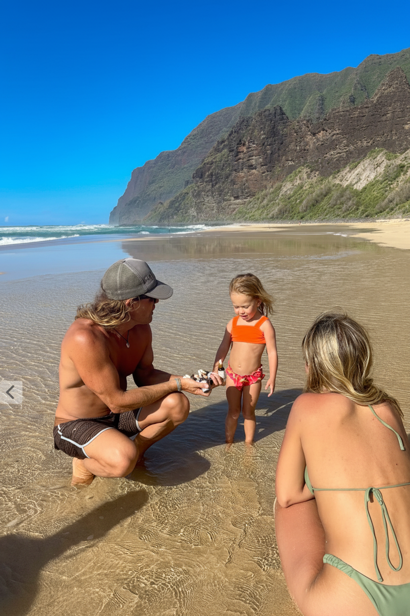 A man and a woman on a sandy beach in shallow water, interacting with a young girl wearing an orange and red bikini. A large rocky cliff and ocean are visible in the background. Botanica by solare bottles in hand.